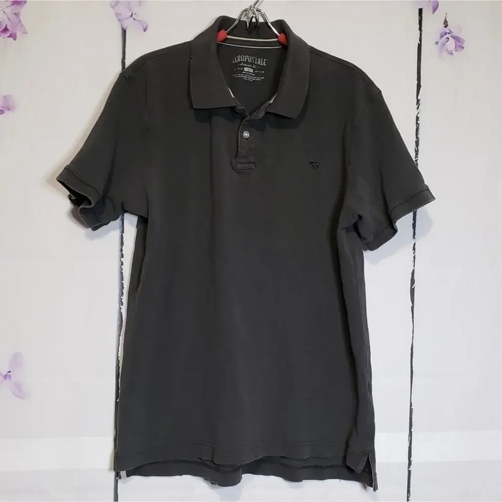 Aeropostale Distressed Regular Fit Dark Grey Short Sleeve Golf Polo L - Picture 2 of 8